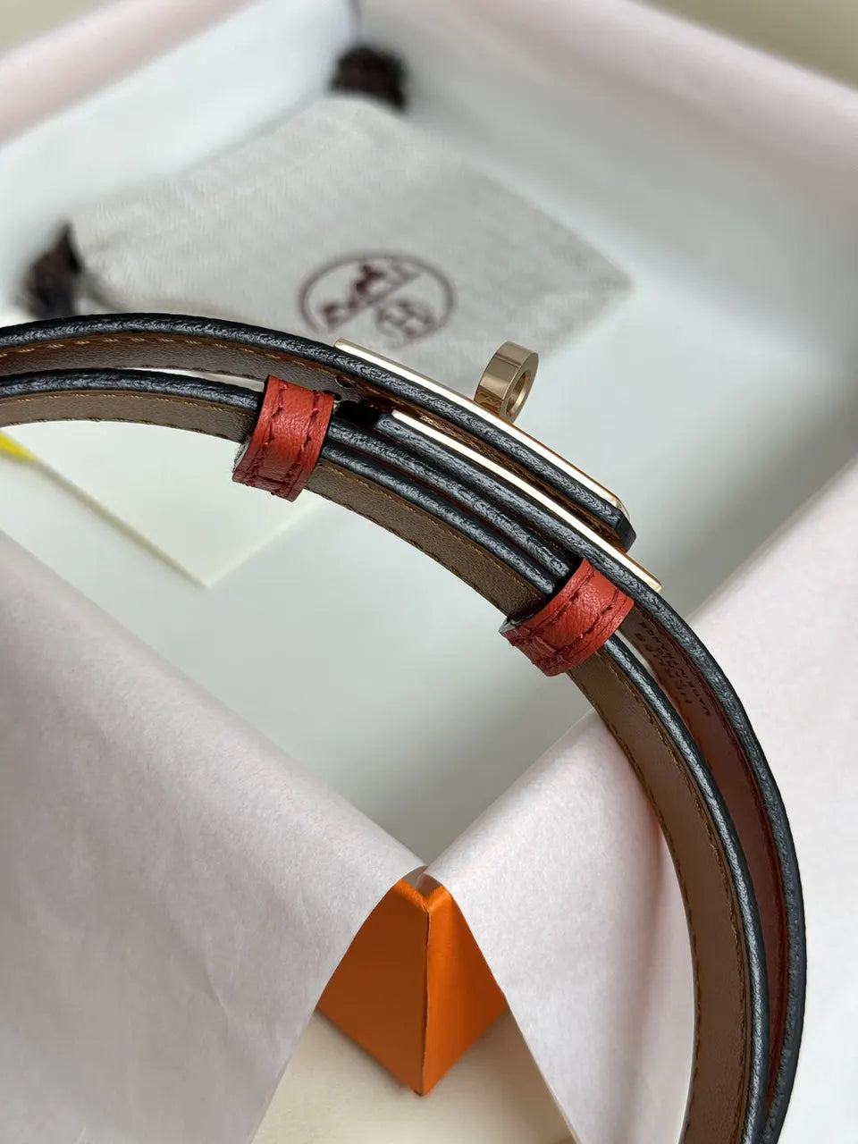gold kelly Hermes Orange Leather Belt - Hình 6