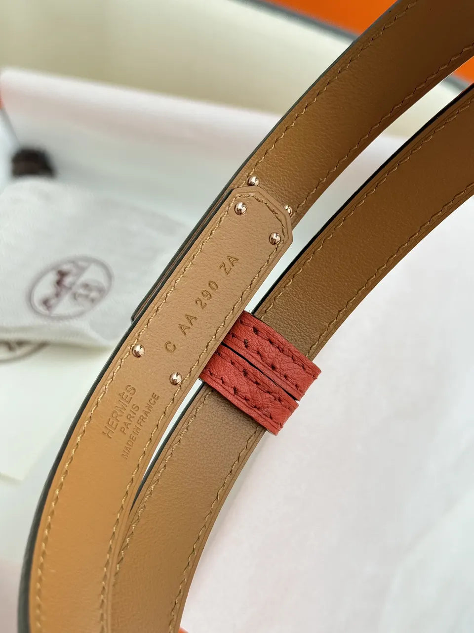 gold kelly Hermes Orange Leather Belt - Hình 5
