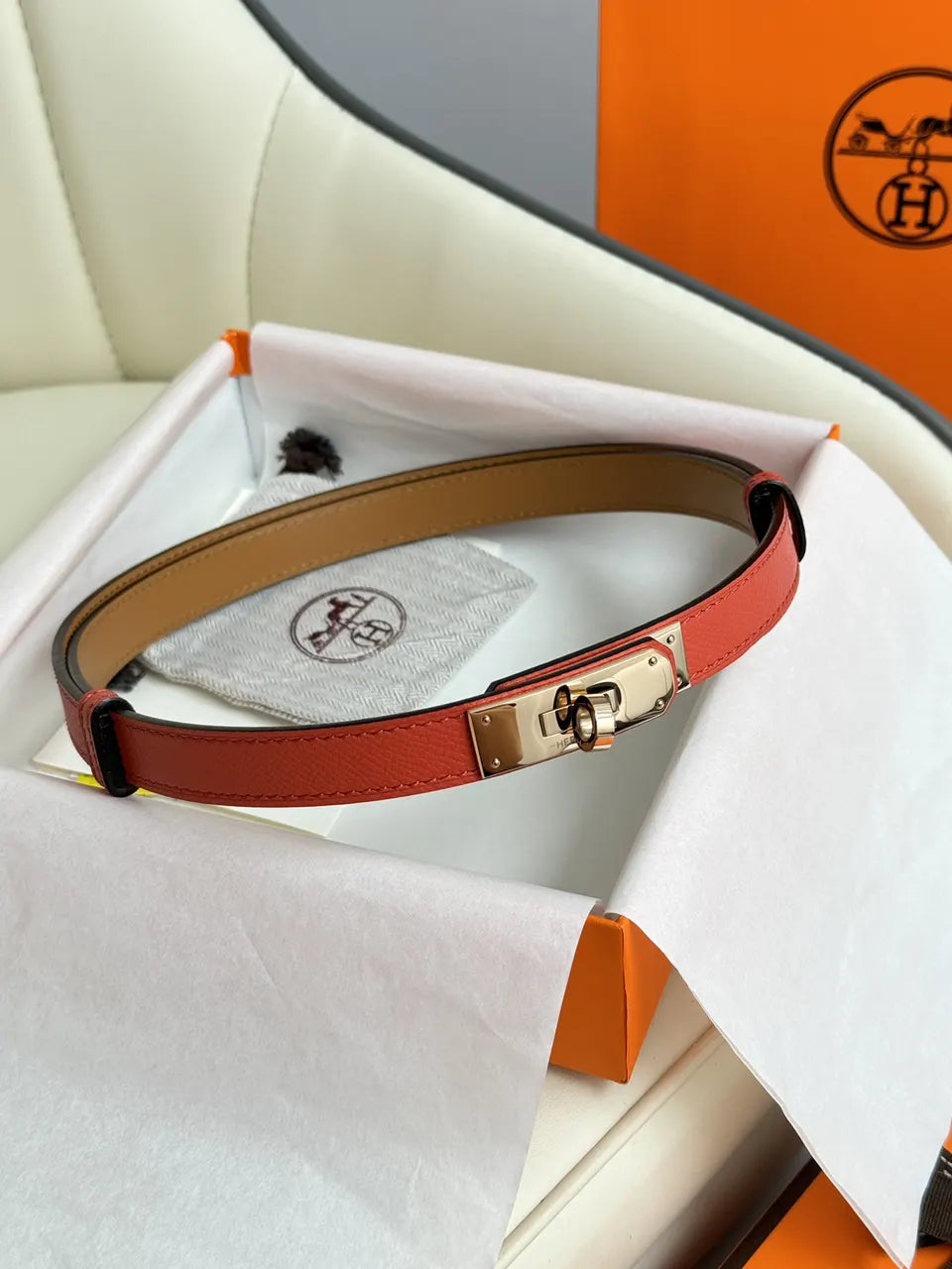 gold kelly Hermes Orange Leather Belt