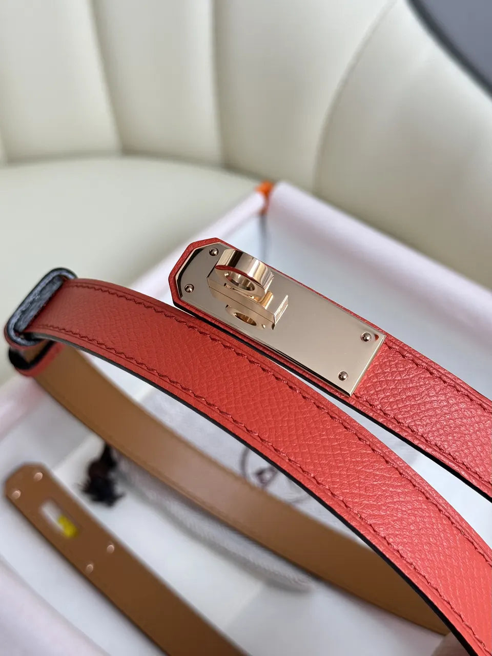 gold kelly Hermes Orange Leather Belt - Hình 7