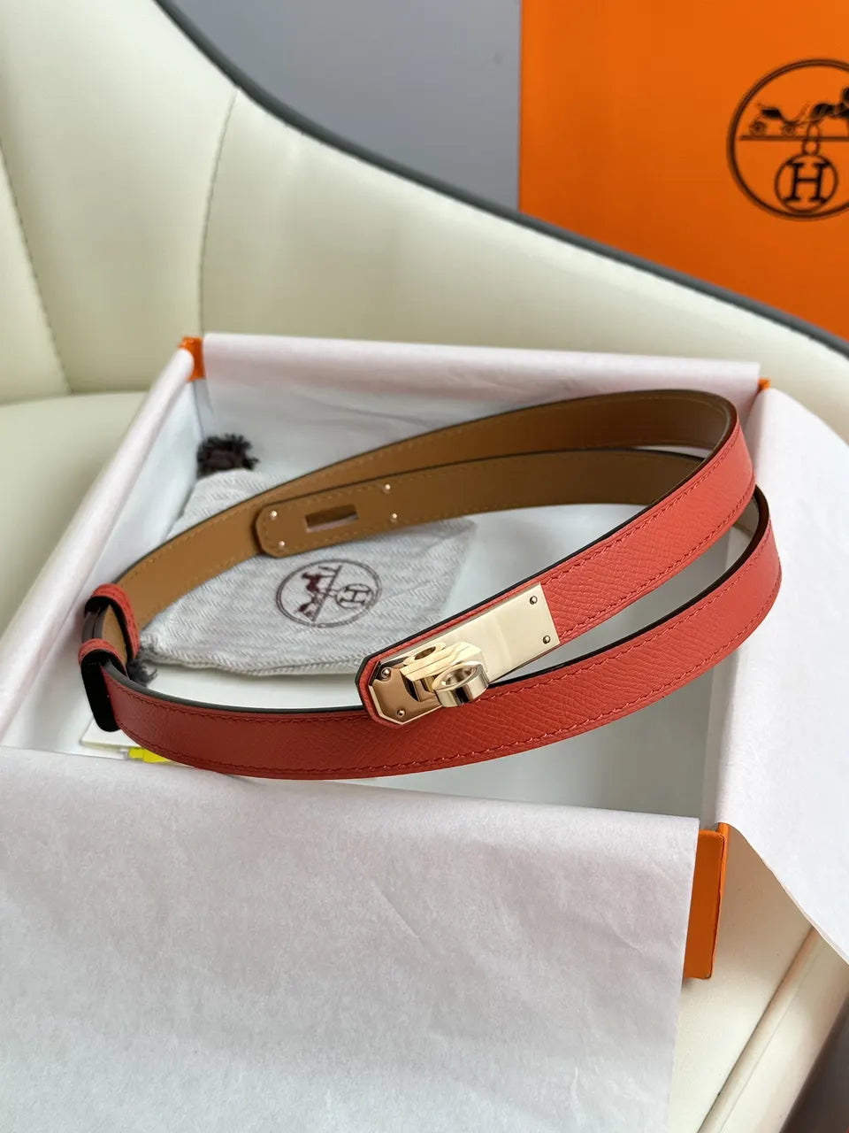 gold kelly Hermes Orange Leather Belt - Hình 2