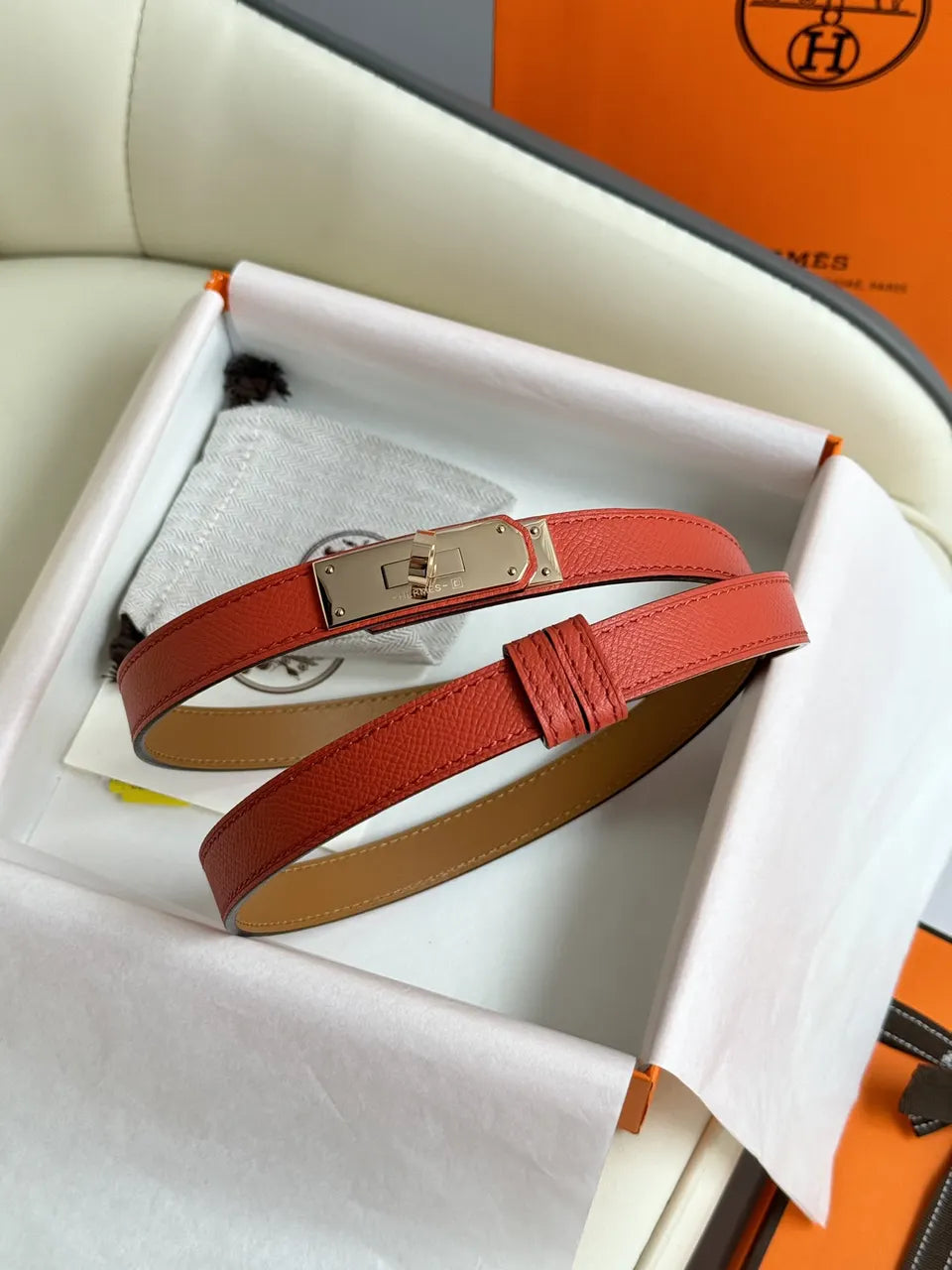 gold kelly Hermes Orange Leather Belt - Hình 3