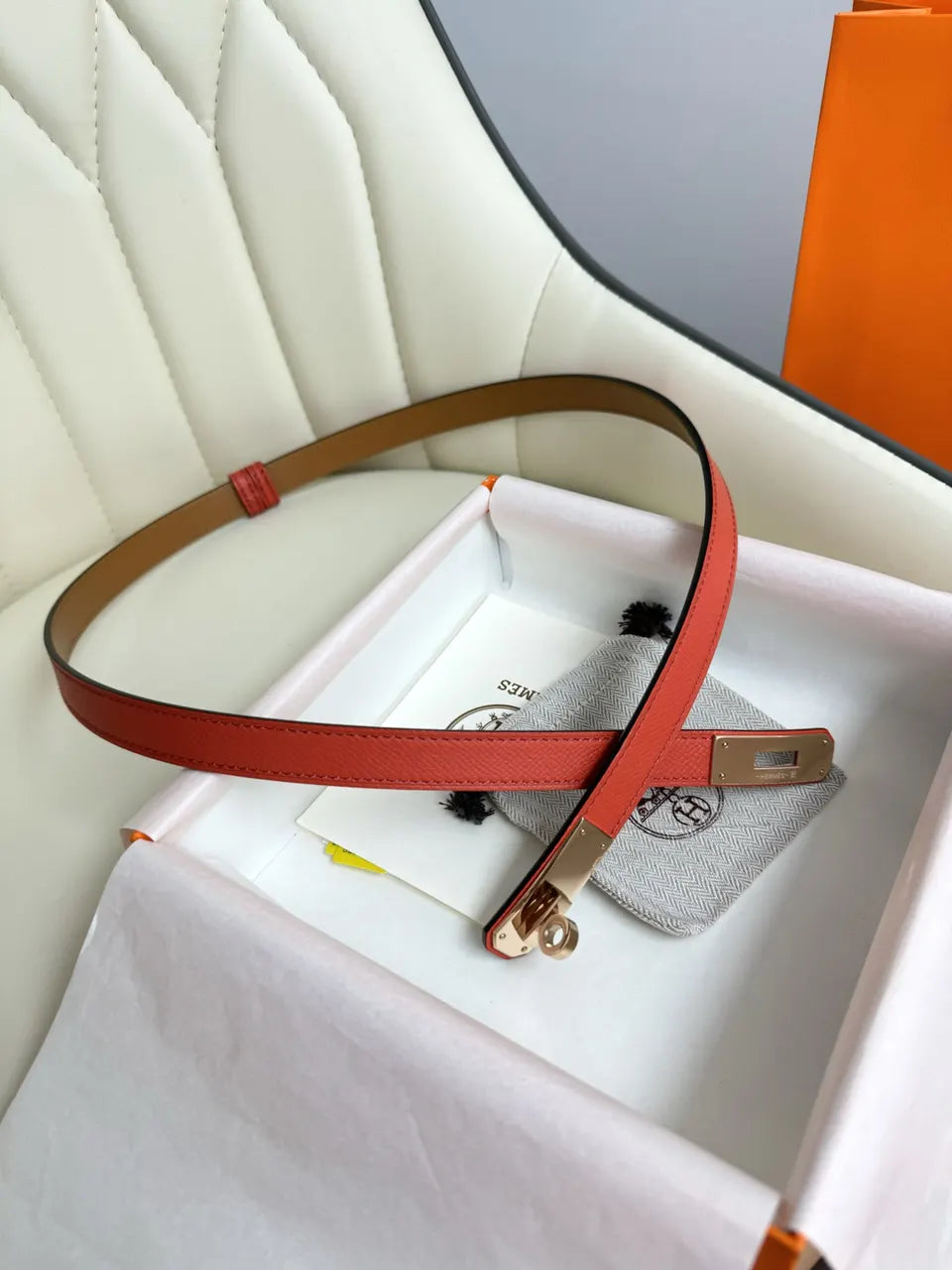 gold kelly Hermes Orange Leather Belt - Hình 4