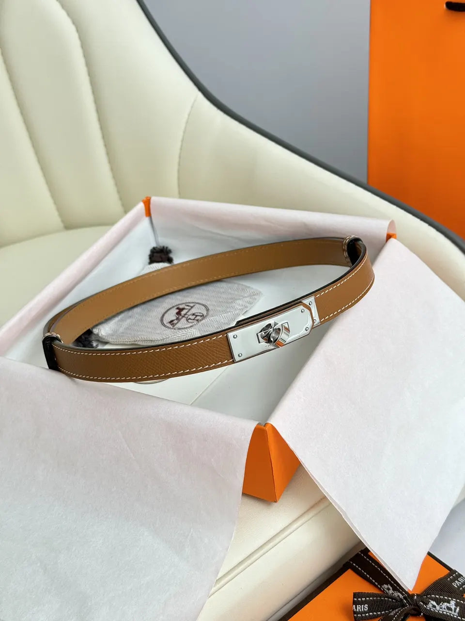 silver kelly Hermes Gold Togo Leather Belt