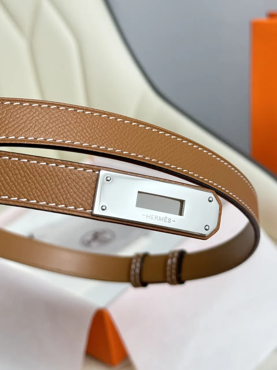 silver kelly Hermes Gold Togo Leather Belt - Hình 6