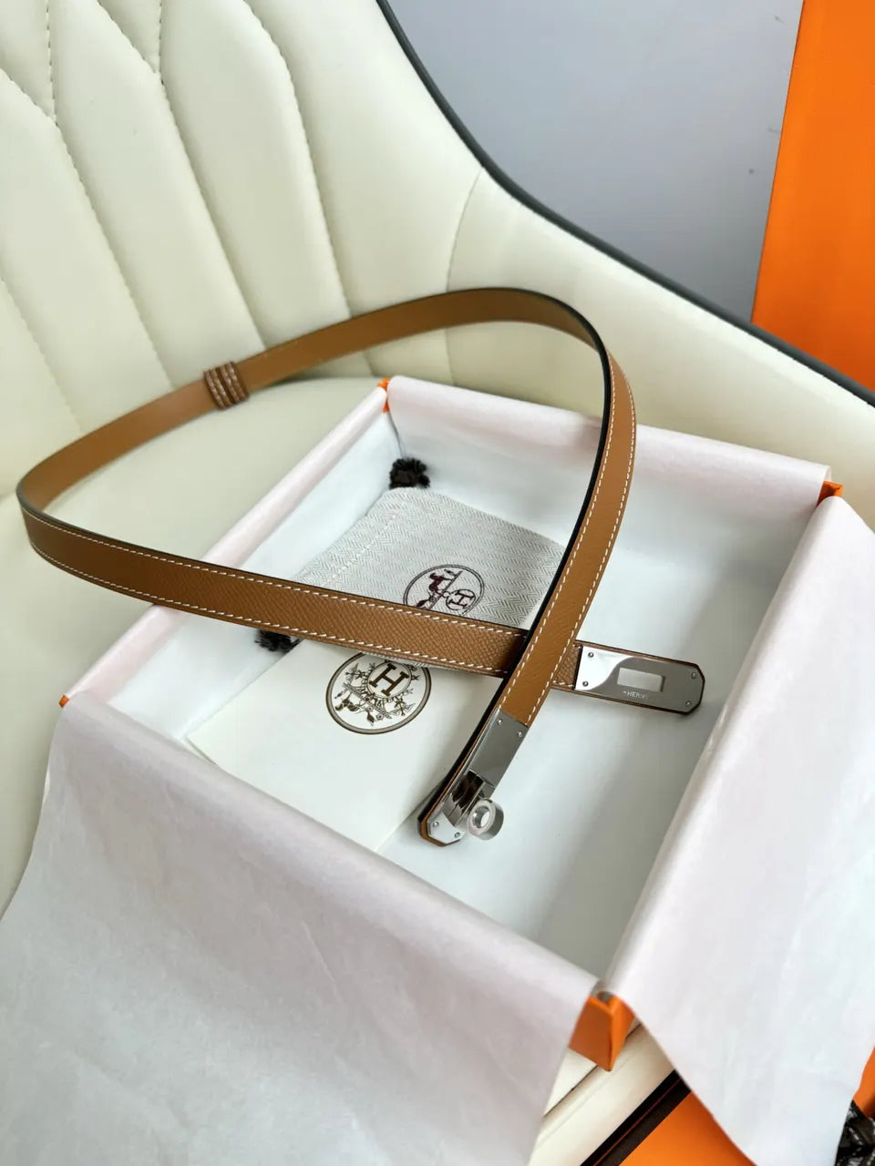 silver kelly Hermes Gold Togo Leather Belt - Hình 3