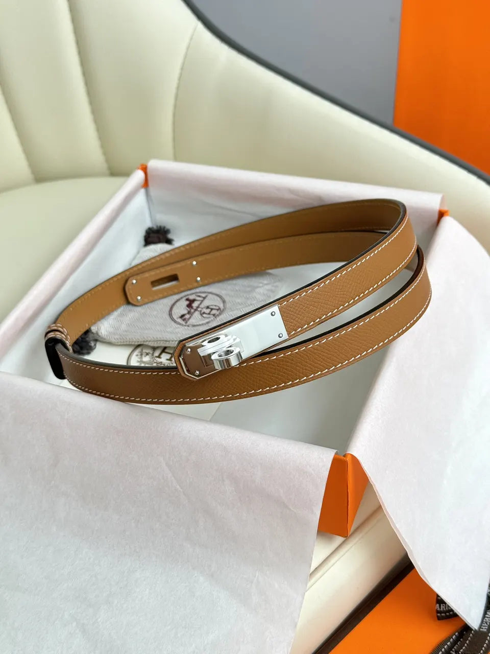 silver kelly Hermes Gold Togo Leather Belt - Hình 2