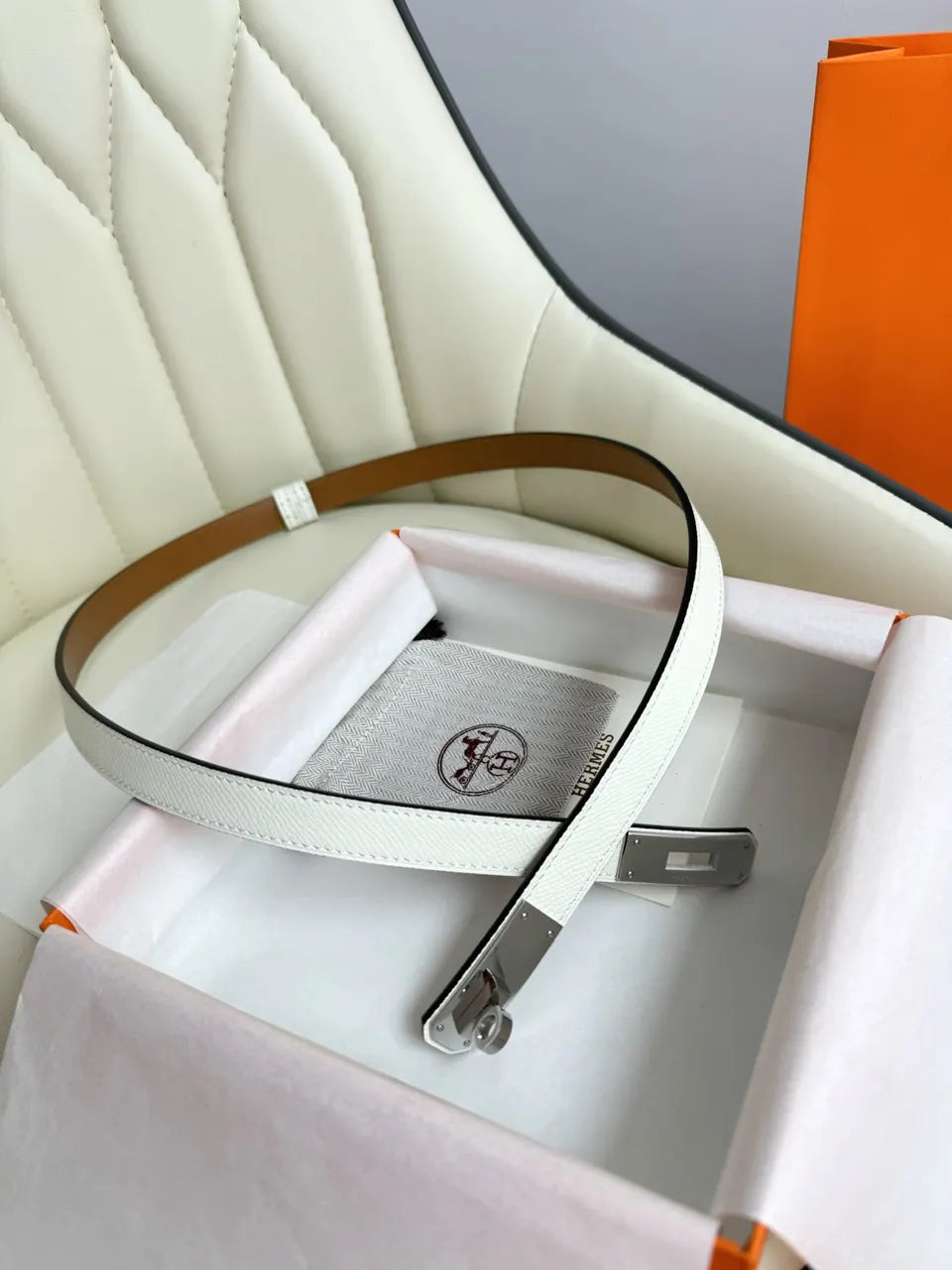 silver Hermes White Epsom Leather Belt - Hình 3