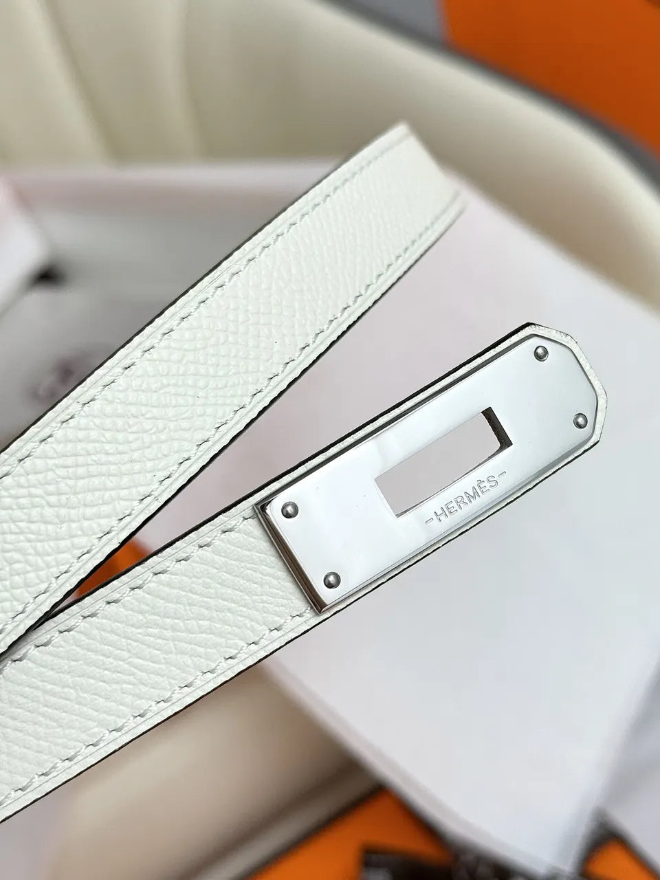 silver Hermes White Epsom Leather Belt - Hình 7
