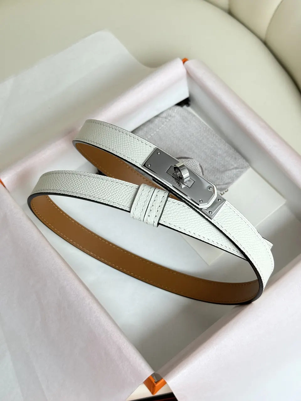silver Hermes White Epsom Leather Belt - Hình 4