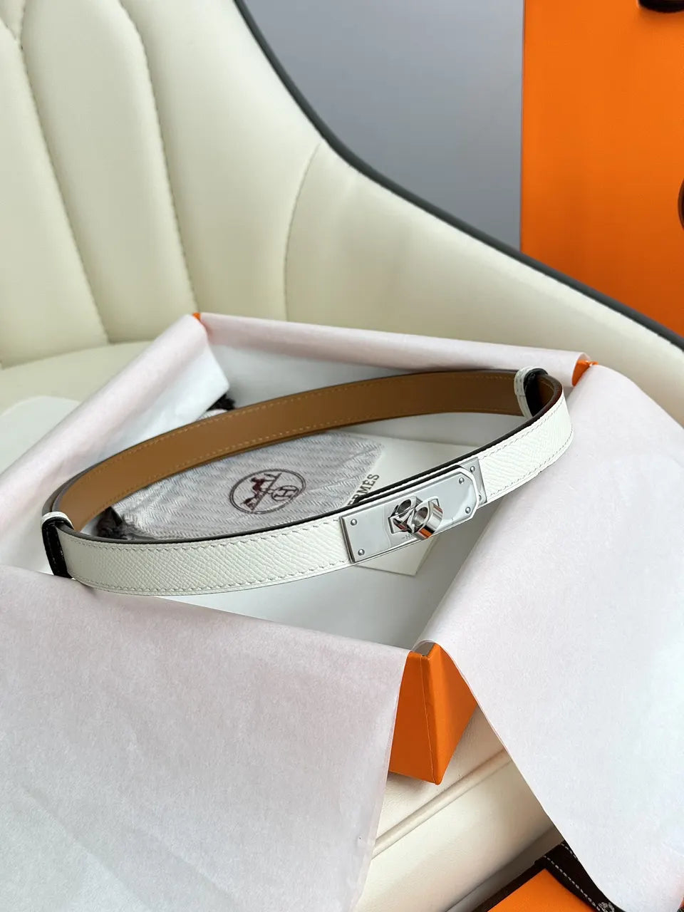 silver Hermes White Epsom Leather Belt