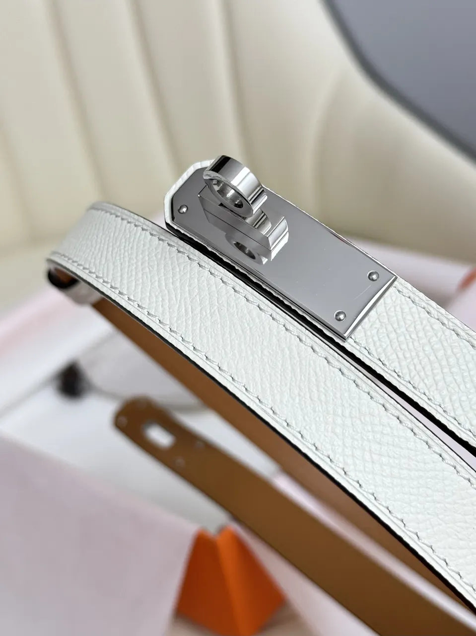 silver Hermes White Epsom Leather Belt - Hình 6