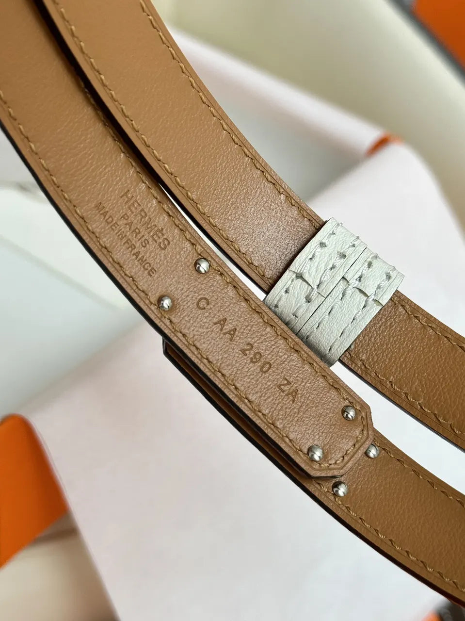 silver Hermes White Epsom Leather Belt - Hình 5