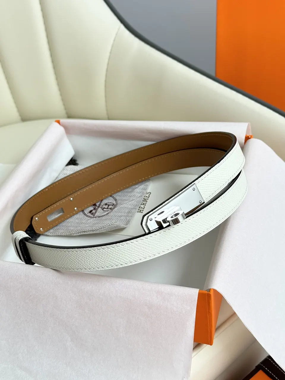 silver Hermes White Epsom Leather Belt - Hình 2