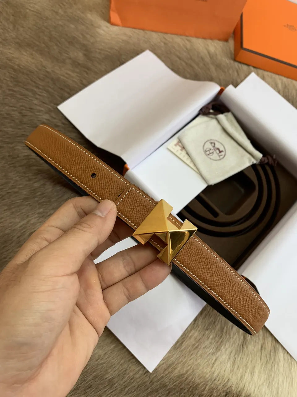 Hermes Gold Pyramid Buckle Caramel Leather Belt