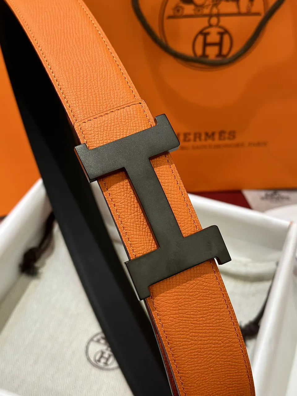 Hermes Orange Leather Belt matte - Hình 3