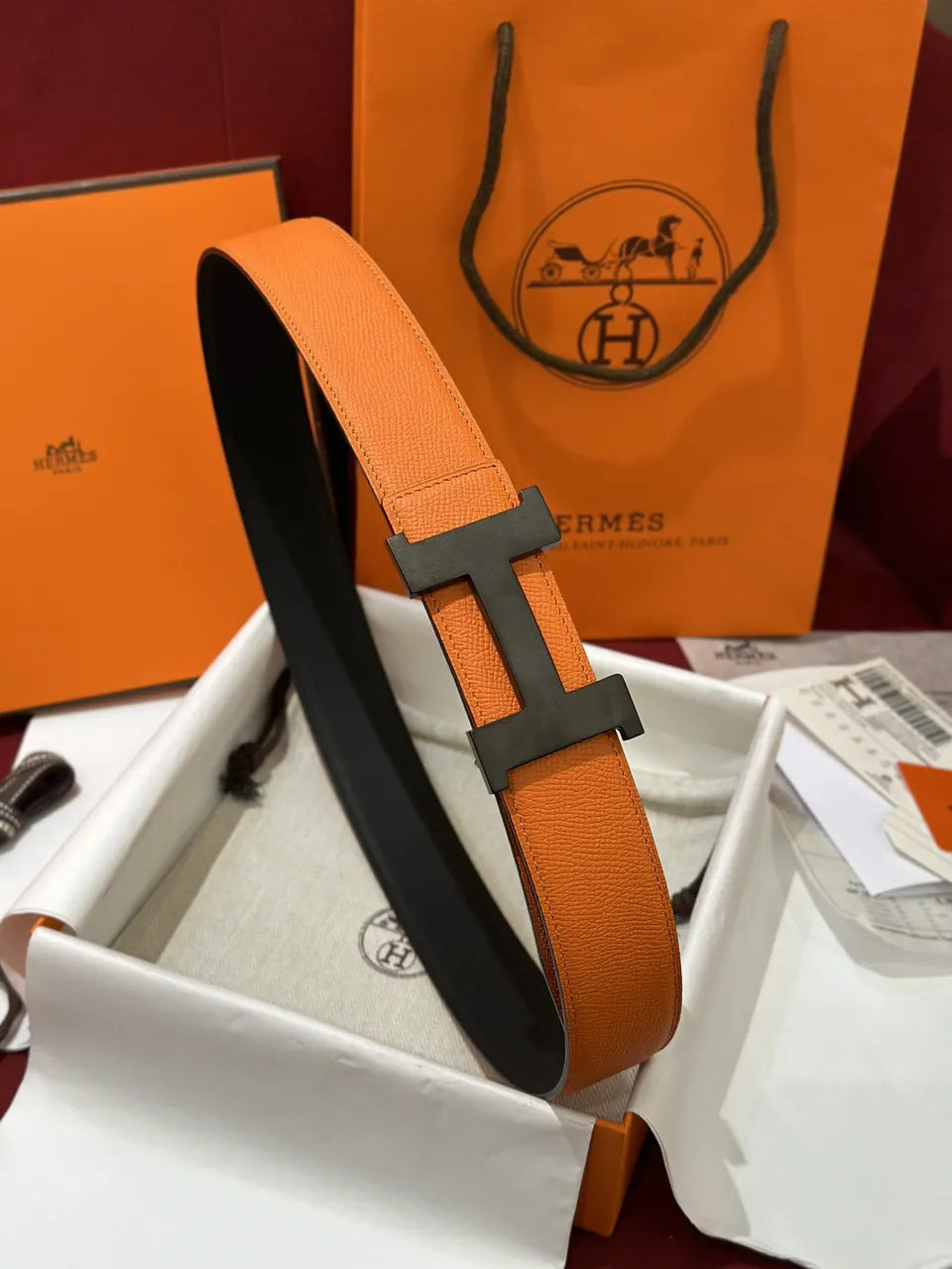 Hermes Orange Leather Belt matte - Hình 2