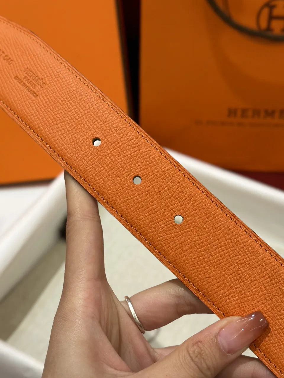 Hermes Orange Leather Belt matte - Hình 4