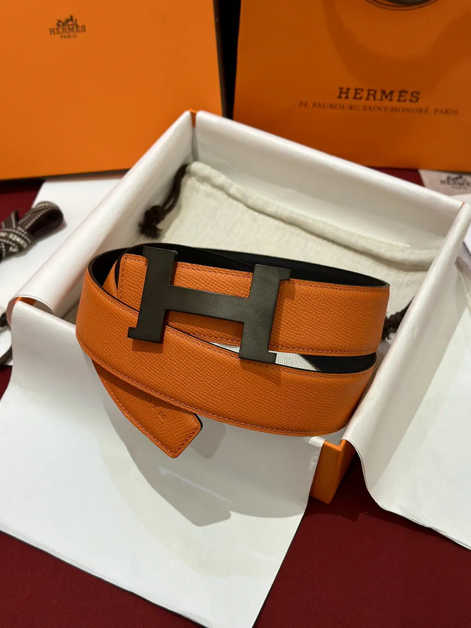 Hermes Orange Leather Belt matte