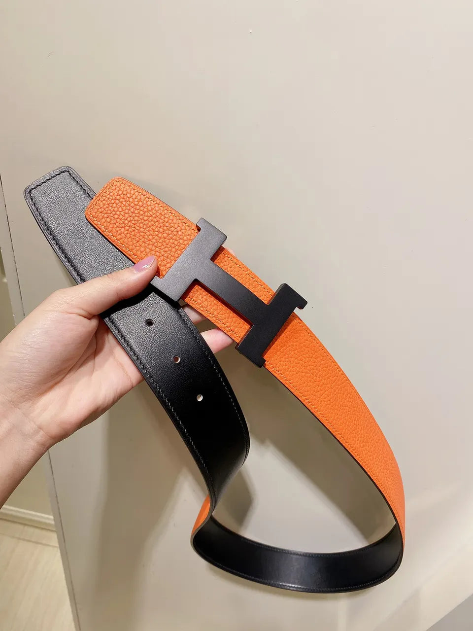 matte Hermes Orange Leather Belt - Hình 6