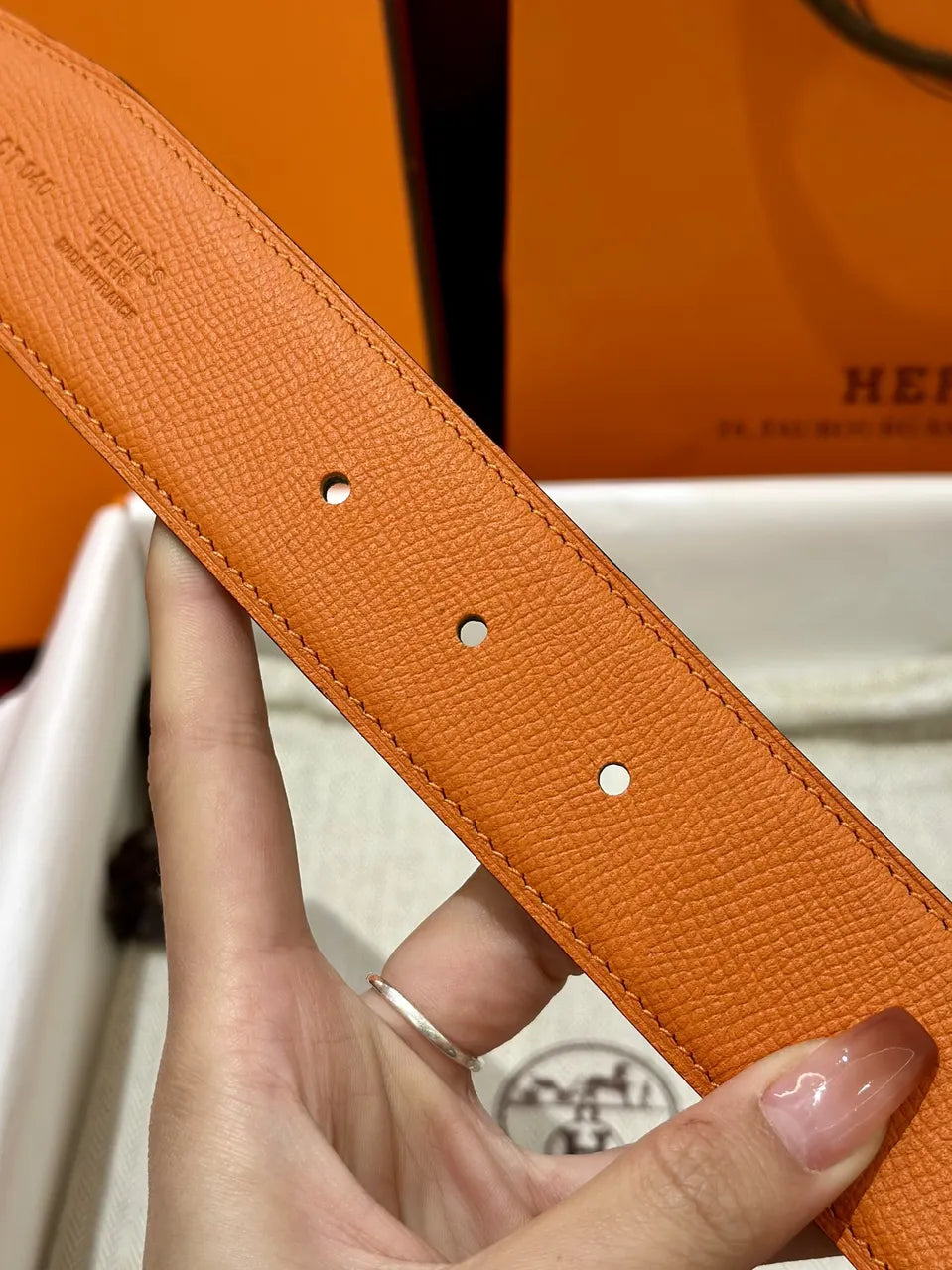 Hermes Orange Leather Belt silver - Hình 4
