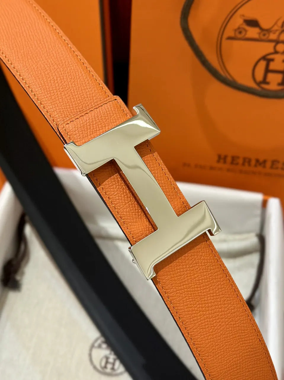 Hermes Orange Leather Belt silver - Hình 3