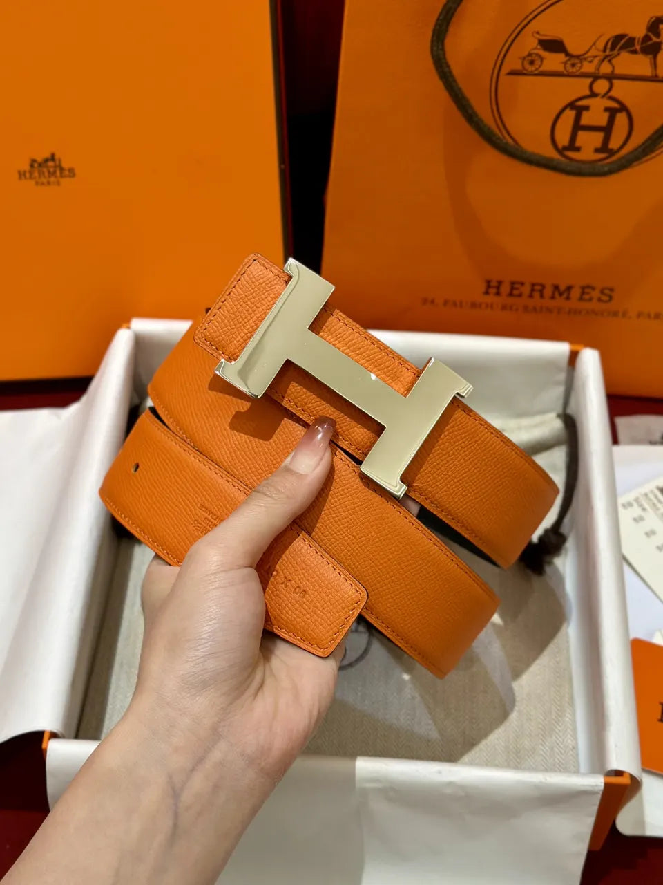 Hermes Orange Leather Belt silver - Hình 2
