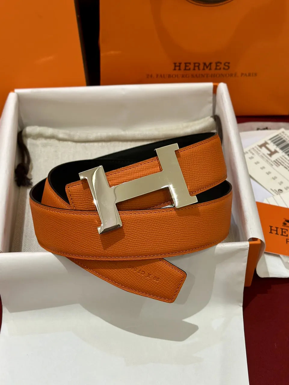 Hermes Orange Leather Belt silver