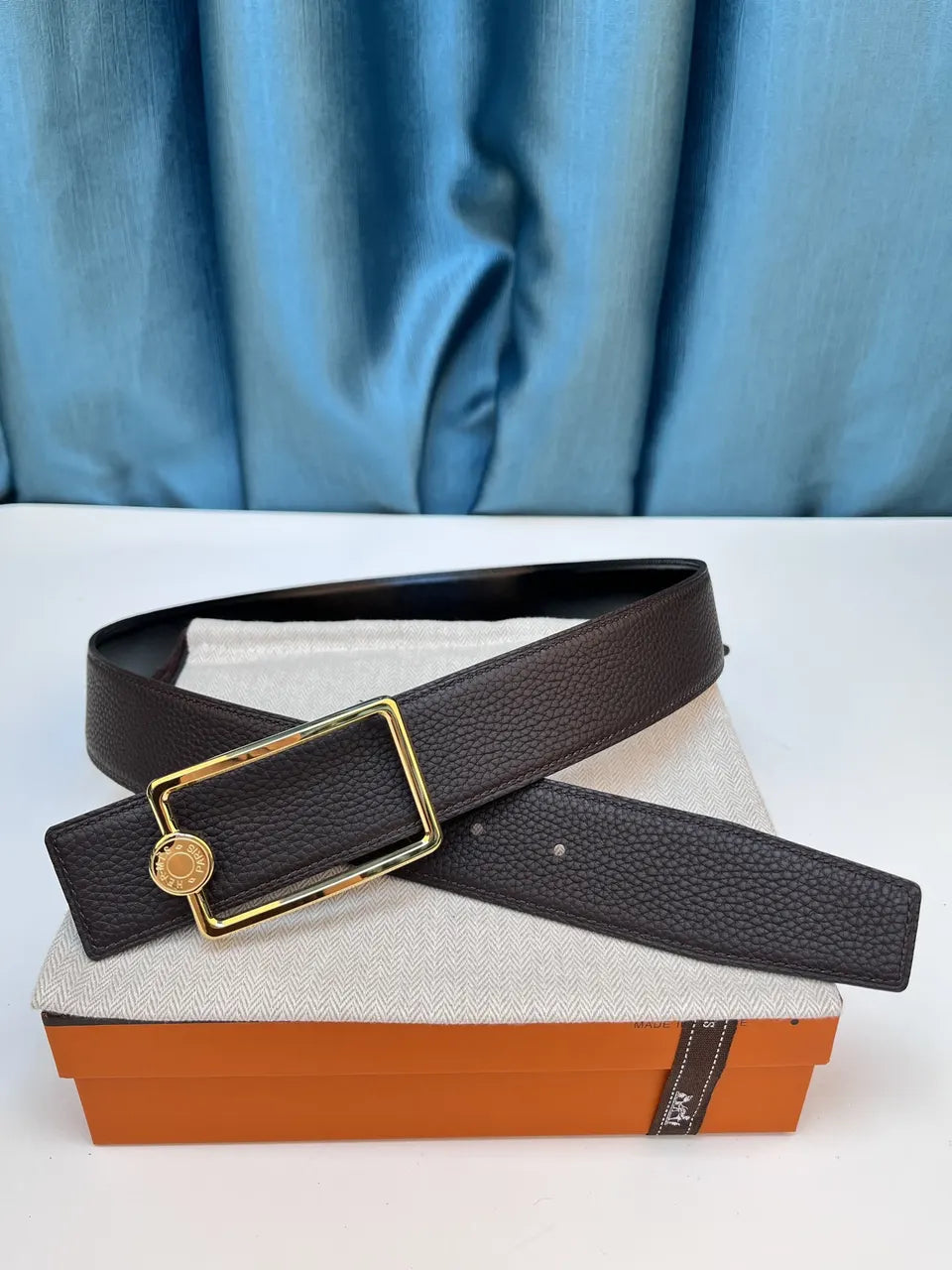 gold Hermes Chocolate Brown Leather Belt - Hình 2