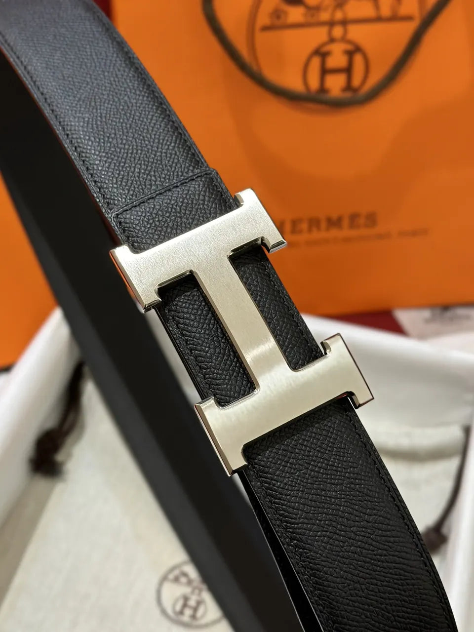 buckle Hermes Black Leather Belt Silver - Hình 4