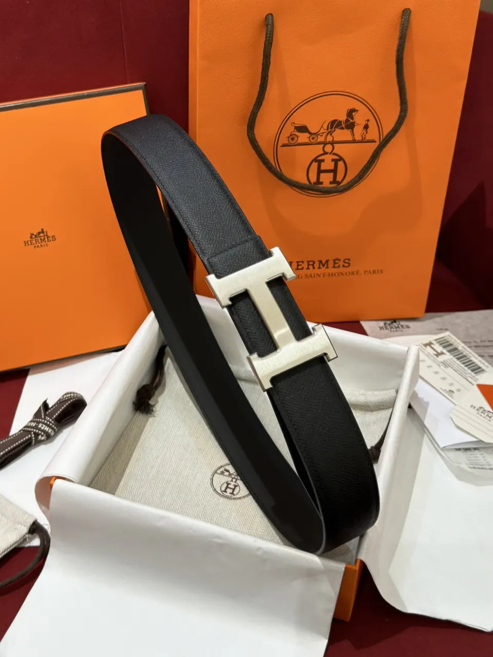 buckle Hermes Black Leather Belt Silver - Hình 3