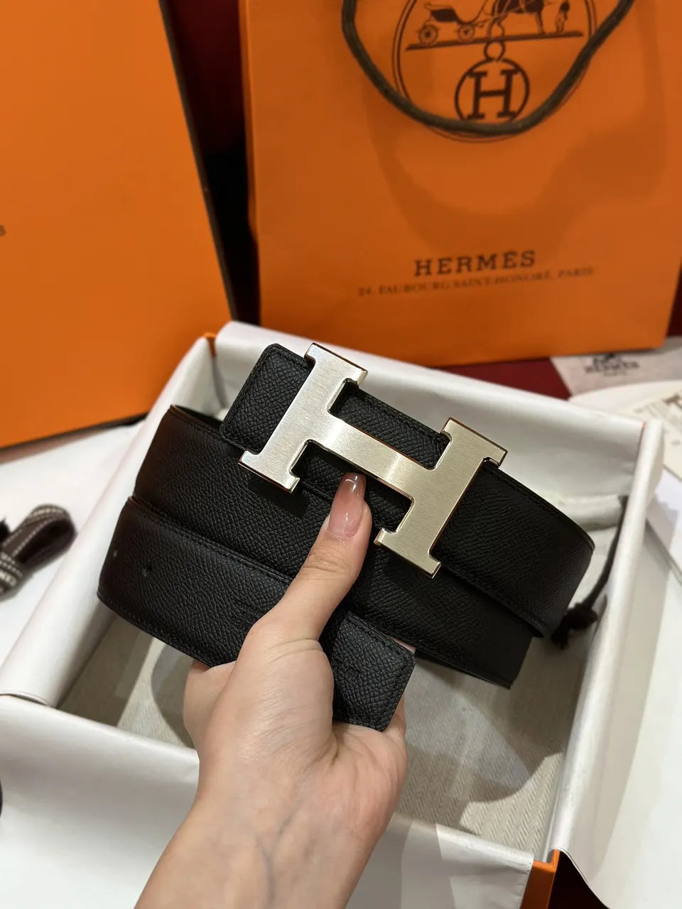 buckle Hermes Black Leather Belt Silver - Hình 2