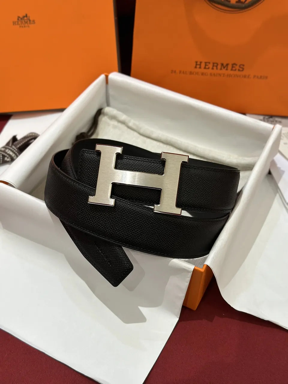 buckle Hermes Black Leather Belt Silver