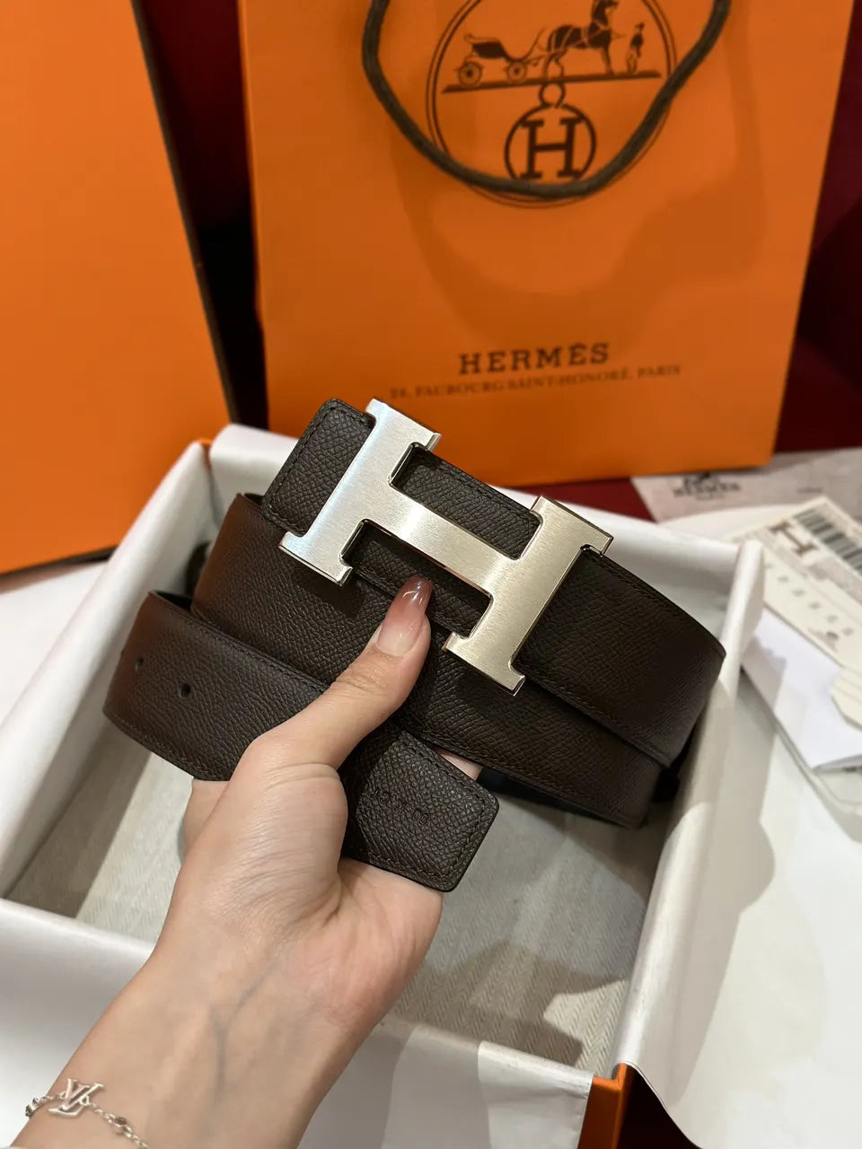 silver Hermes Chocolate Brown Leather Belt - Hình 2
