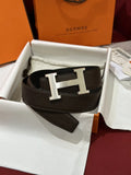 silver Hermes Chocolate Brown Leather Belt