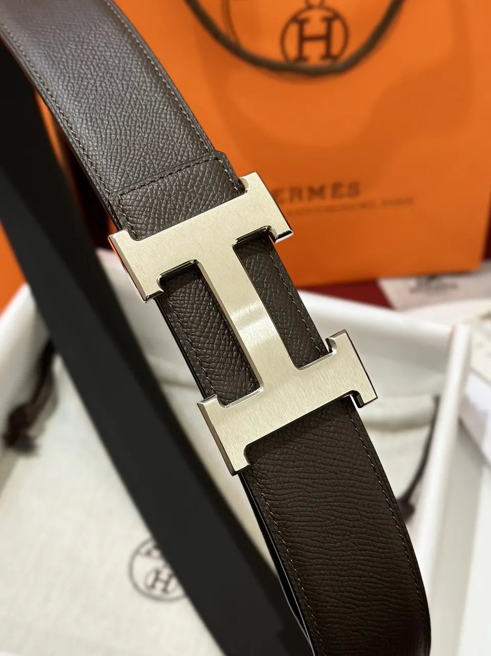 silver Hermes Chocolate Brown Leather Belt - Hình 4