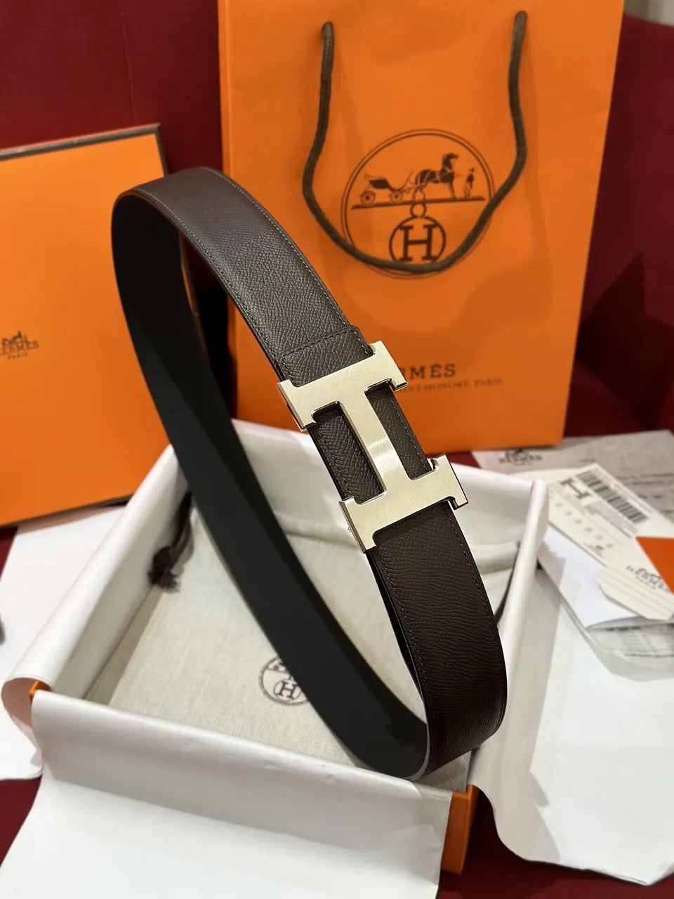 silver Hermes Chocolate Brown Leather Belt - Hình 3