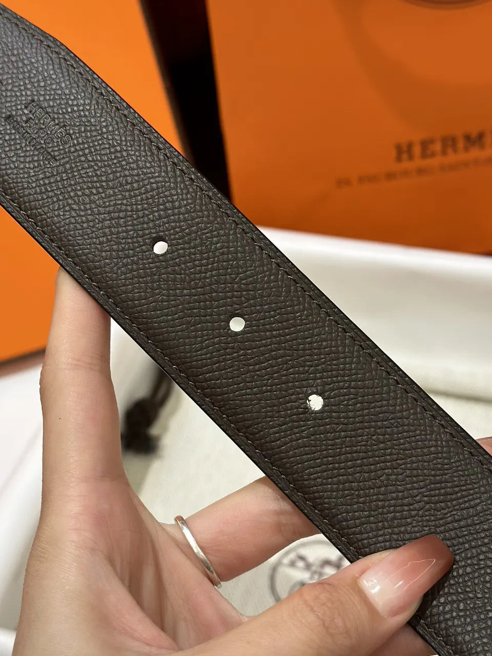 silver Hermes Chocolate Brown Leather Belt - Hình 5
