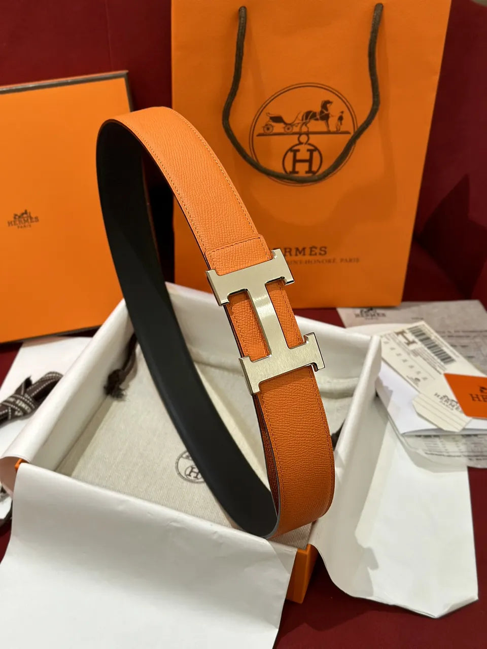 Hermes Orange Leather Belt silver - Hình 2