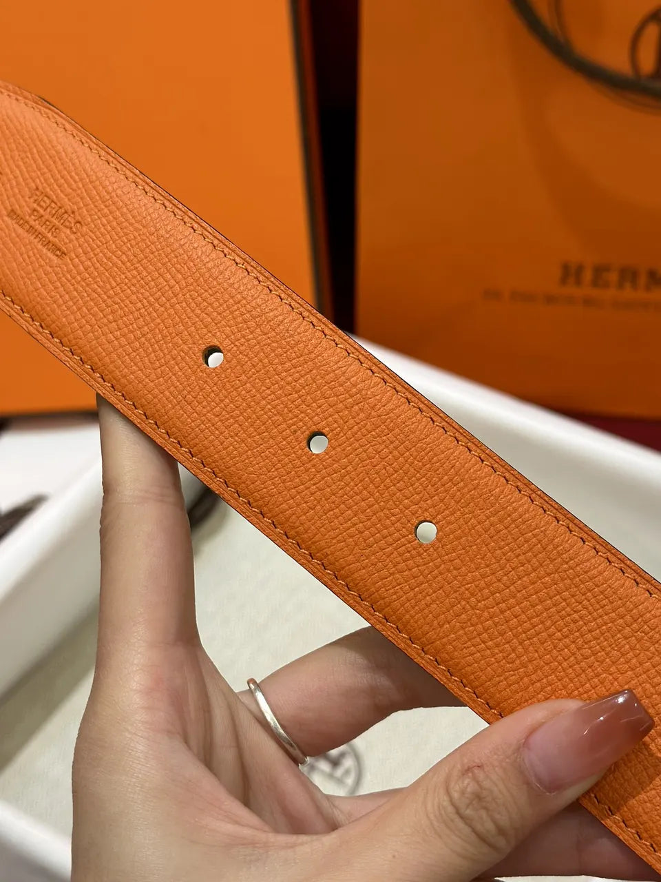 Hermes Orange Leather Belt silver - Hình 4
