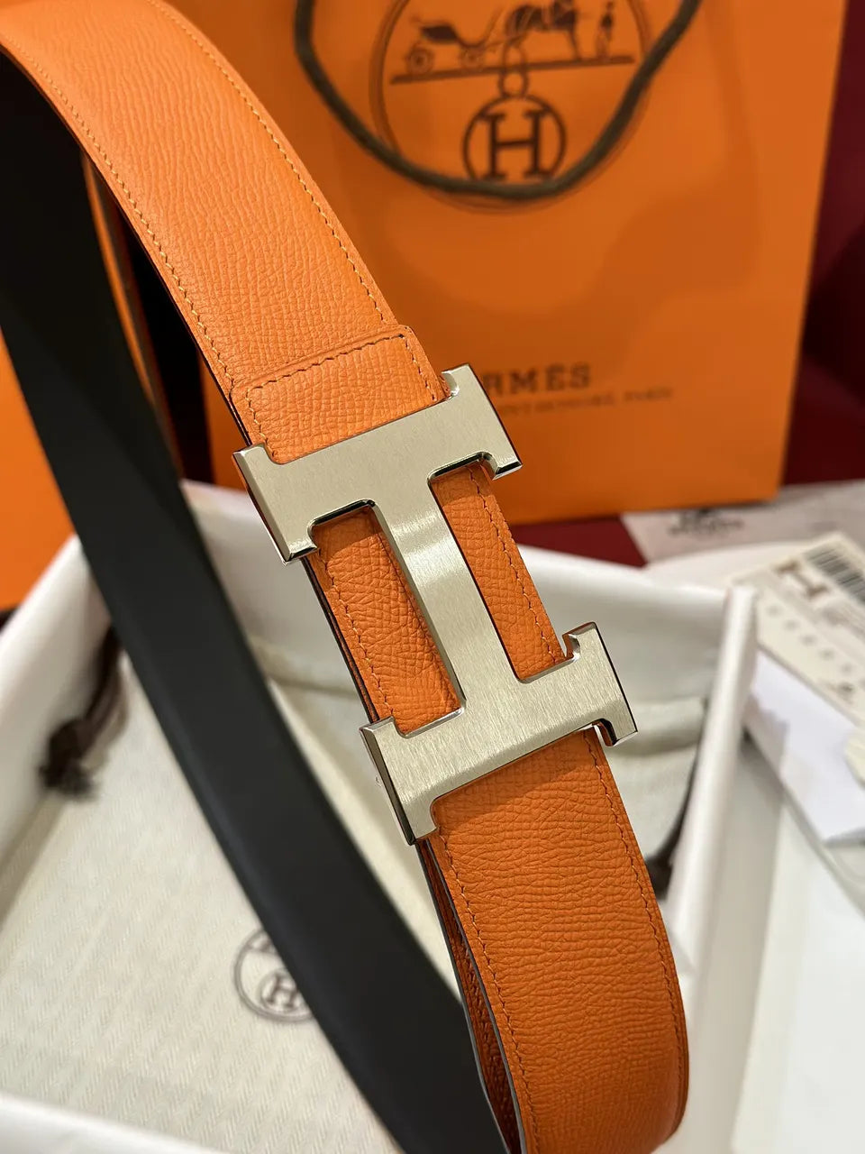 Hermes Orange Leather Belt silver - Hình 3