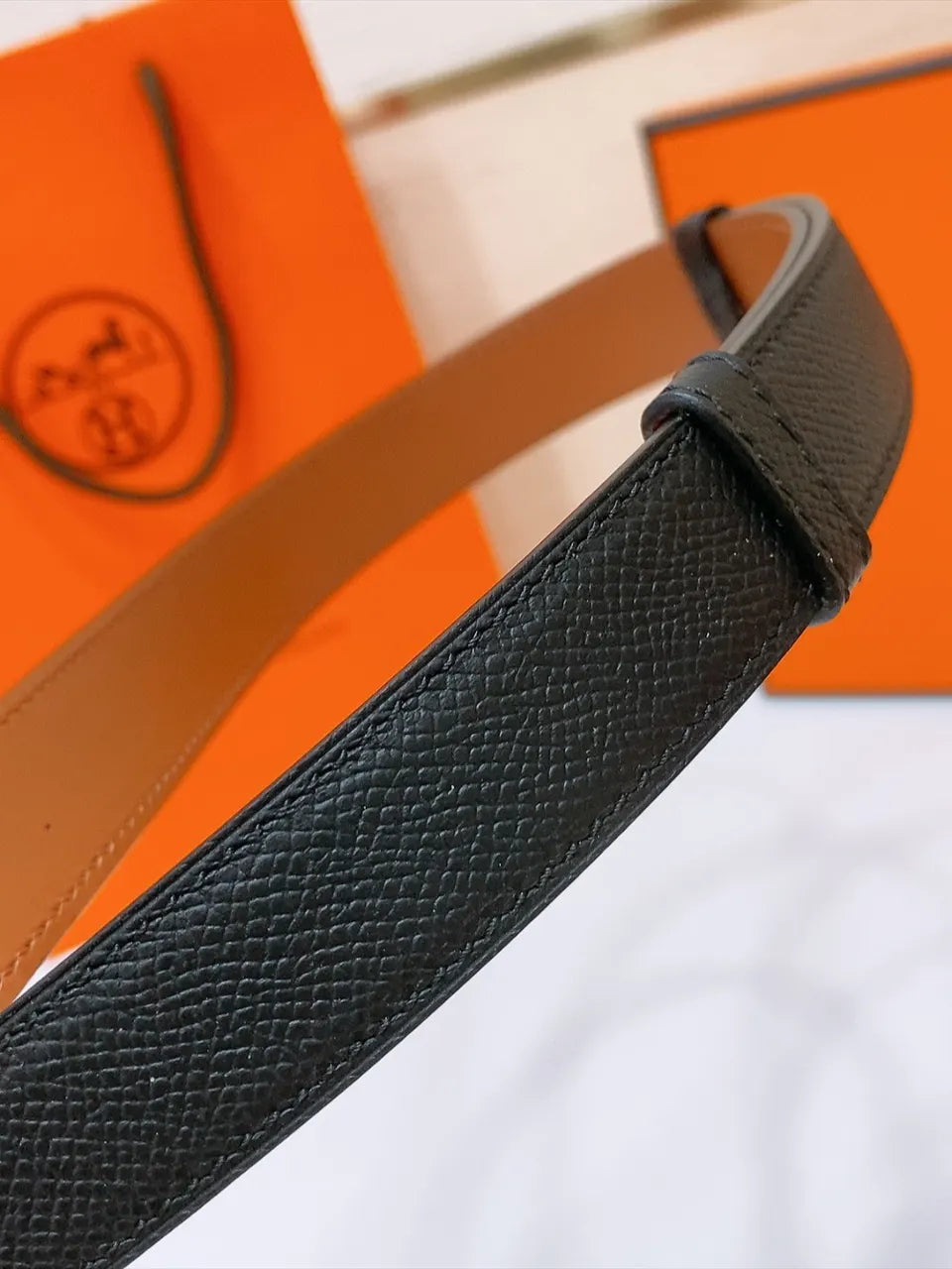 silver Hermes Black Epsom Leather Belt - Hình 6