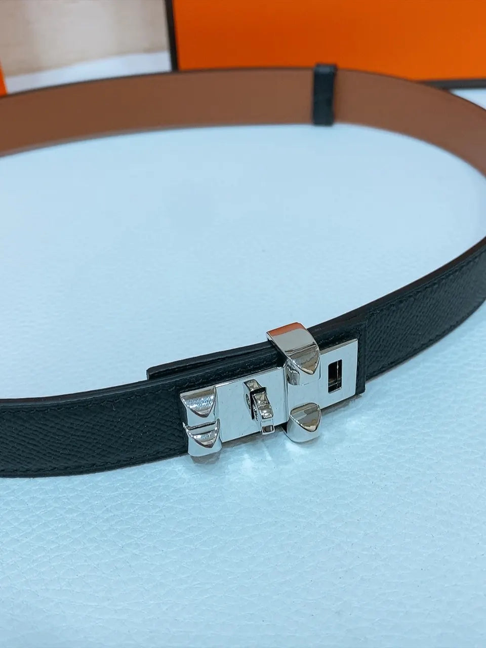 silver Hermes Black Epsom Leather Belt - Hình 2