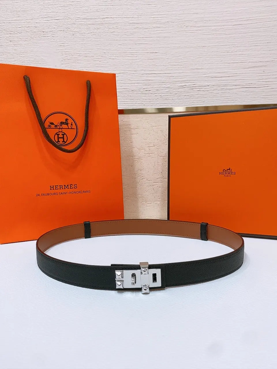 silver Hermes Black Epsom Leather Belt