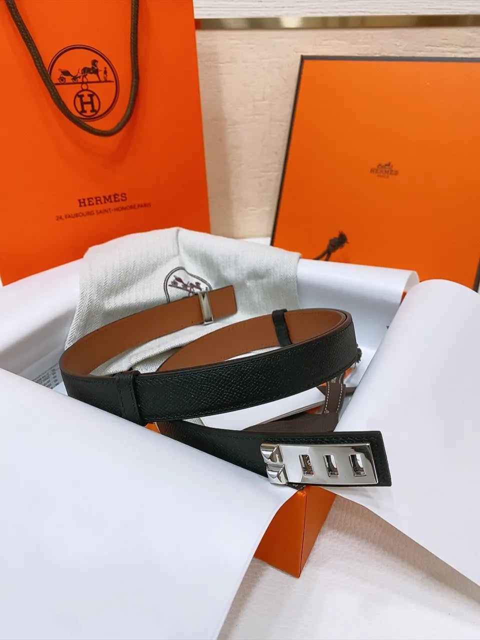 silver Hermes Black Epsom Leather Belt - Hình 4
