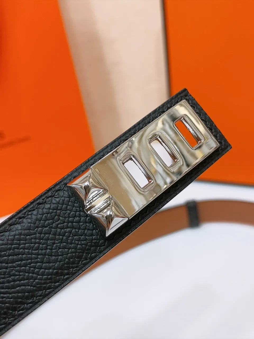 silver Hermes Black Epsom Leather Belt - Hình 3