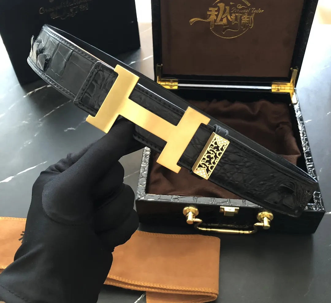 gold Hermes Alligator Black Leather Belt