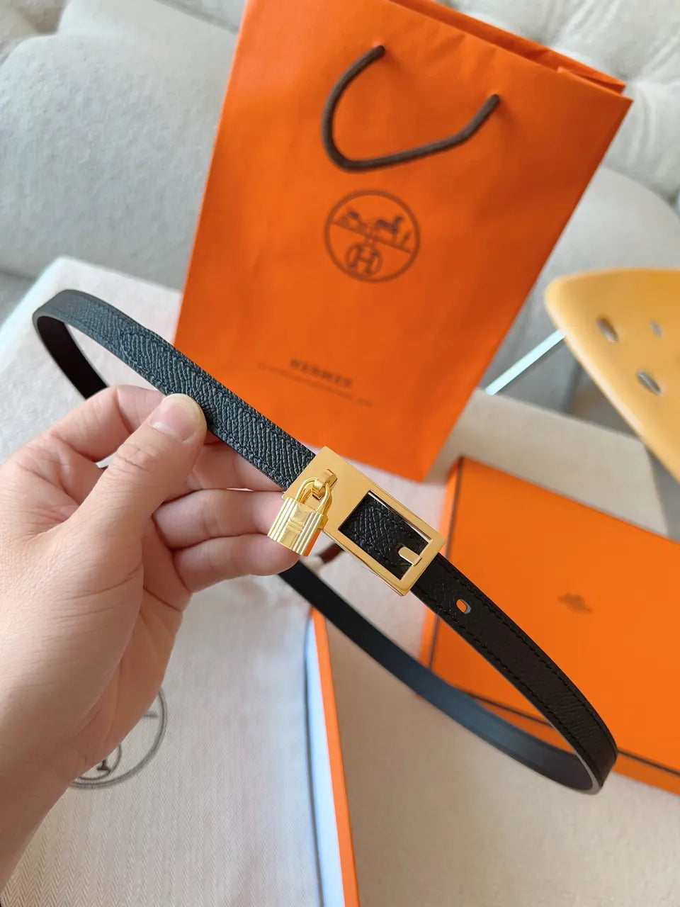 gold Hermes Black Leather Bracelet - Hình 3