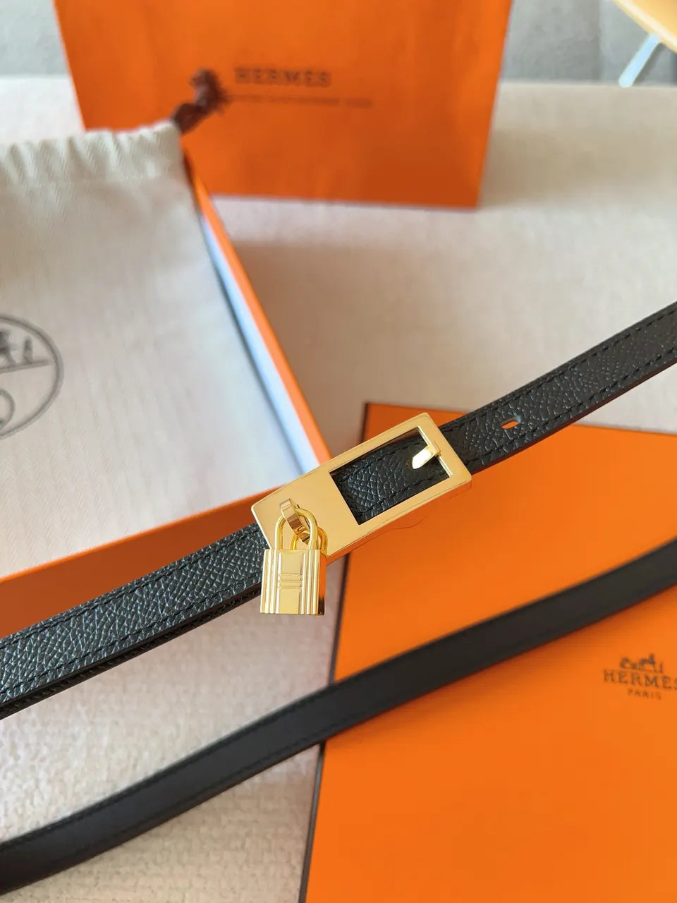 gold Hermes Black Leather Bracelet - Hình 4