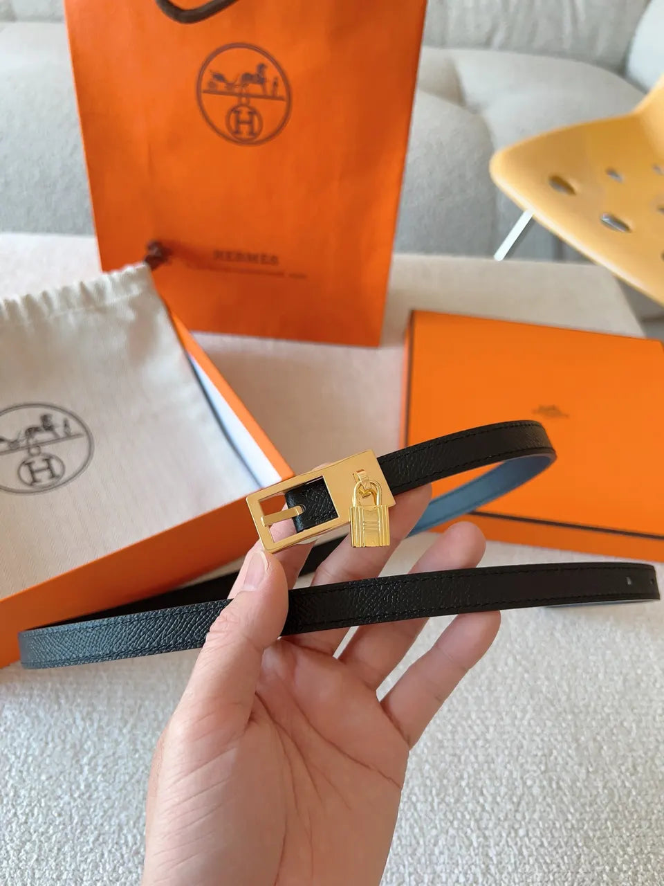 gold Hermes Black Leather Bracelet - Hình 2
